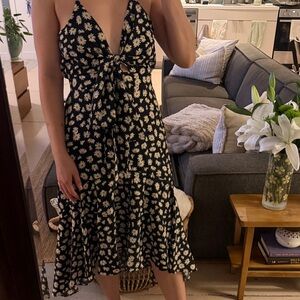 Black Daisy Tie-Front Midi Dress - Women